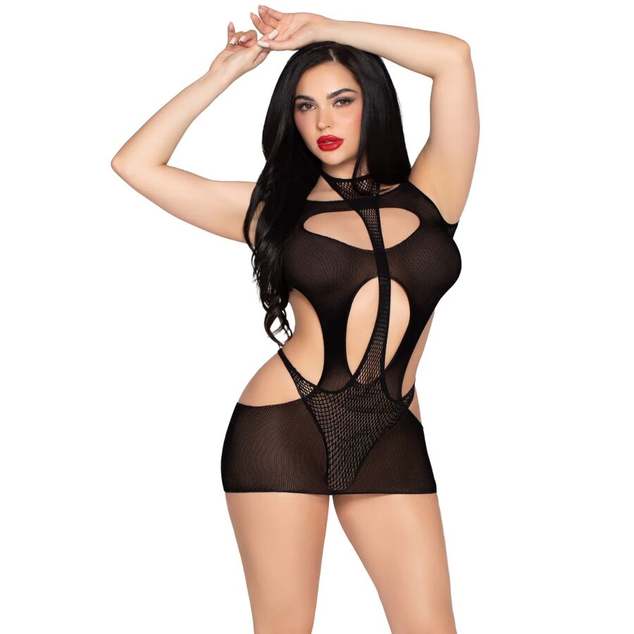 LEG AVENUE - 81680 MINI VESTIDO OPACO Y TEDDY HALTER NEGRO - TALLA ÚNICA
